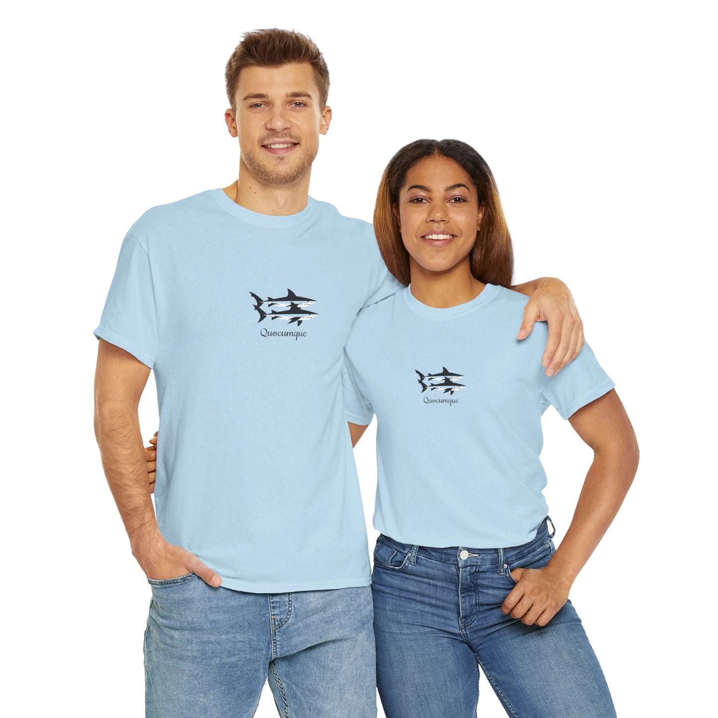 T-shirt Quocumque, Requin Duo, Île de La Réunion, Poissons, Confort Coton, Elégant, Souvenir Unique, Cadeau, Unisexe, Esprit Voyageur, Créole, Bourbon