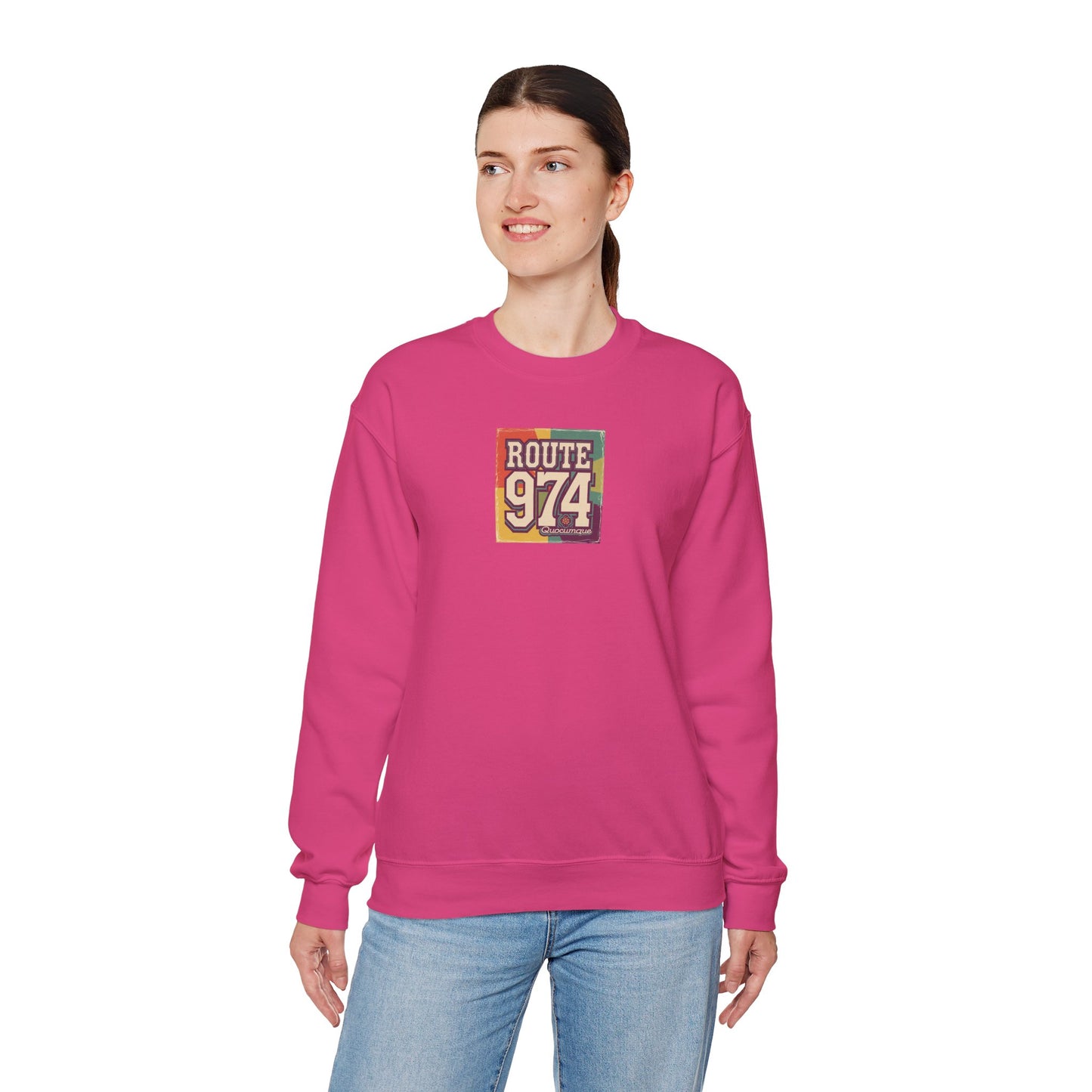 Sweat-Shirt Quocumque "Route 974", Période Hippies, Destination l'Île De La Réunion, Adulte, Homme, Femme, Sportive, Sportif, Décontracté, Élégant, Classique,