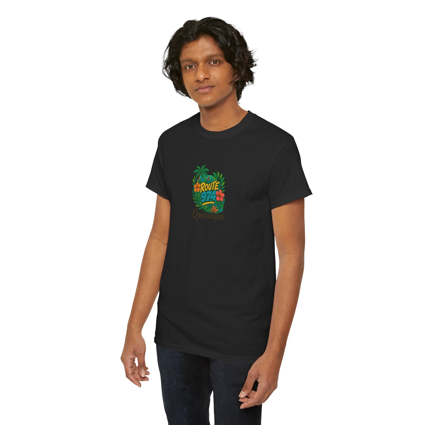 T-shirt "Route 974 Flore", Destination Île de La Réunion, Confort Coton, Sobre, Elégant, Souvenir Unique, Cadeau, Unisexe, Esprit Voyageur