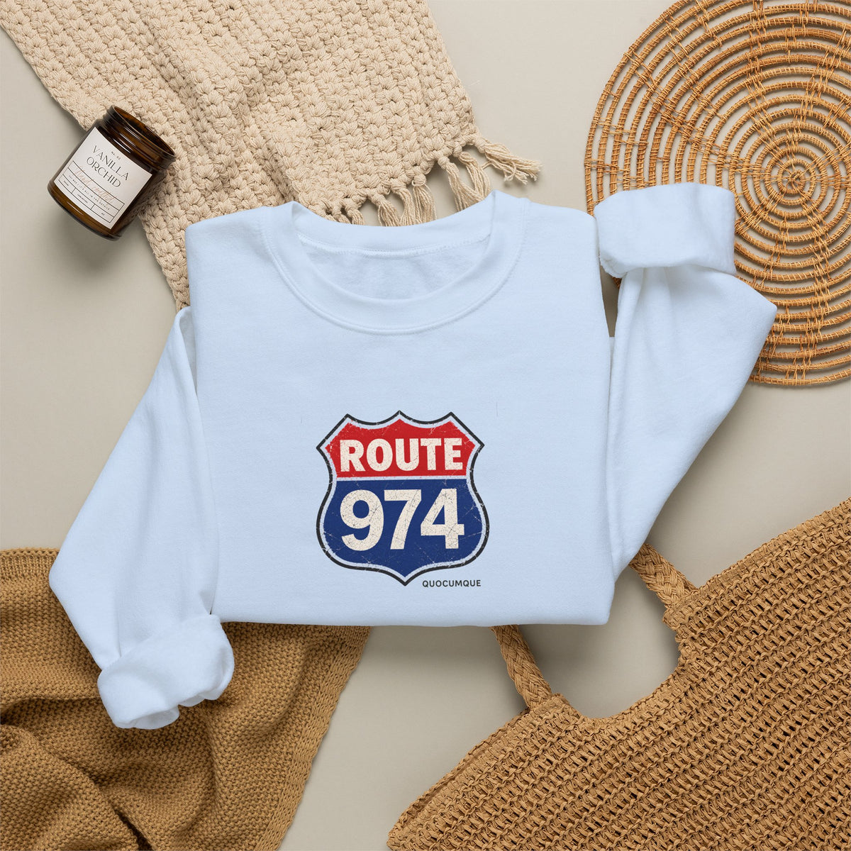 Sweat Quocumque "Route 974", Exotique, Destination Île De La Réunion, Adulte, Homme, Femme, Sportive, Sportif, Décontracté, Drapeau Régional