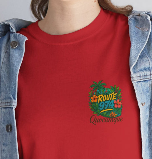 T-shirt "Route 974 Flore", Destination Île de La Réunion, Confort Coton, Sobre, Elégant, Souvenir Unique, Cadeau, Unisexe, Esprit Voyageur