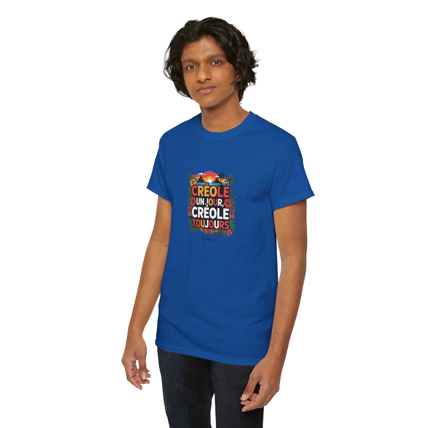 T-shirt Quocumque "Créole" Île de La Réunion", Confort Coton, Sobre, Elégant, Souvenir Unique, Cadeau, Unisexe, Esprit Voyageur