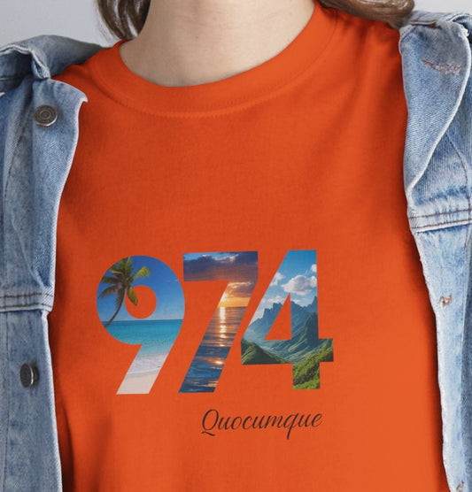 T-shirt "974", Île de La Réunion, Confort Coton, Sobre, Elégant, Souvenir Unique, Cadeau, Unisexe, Esprit Voyageur