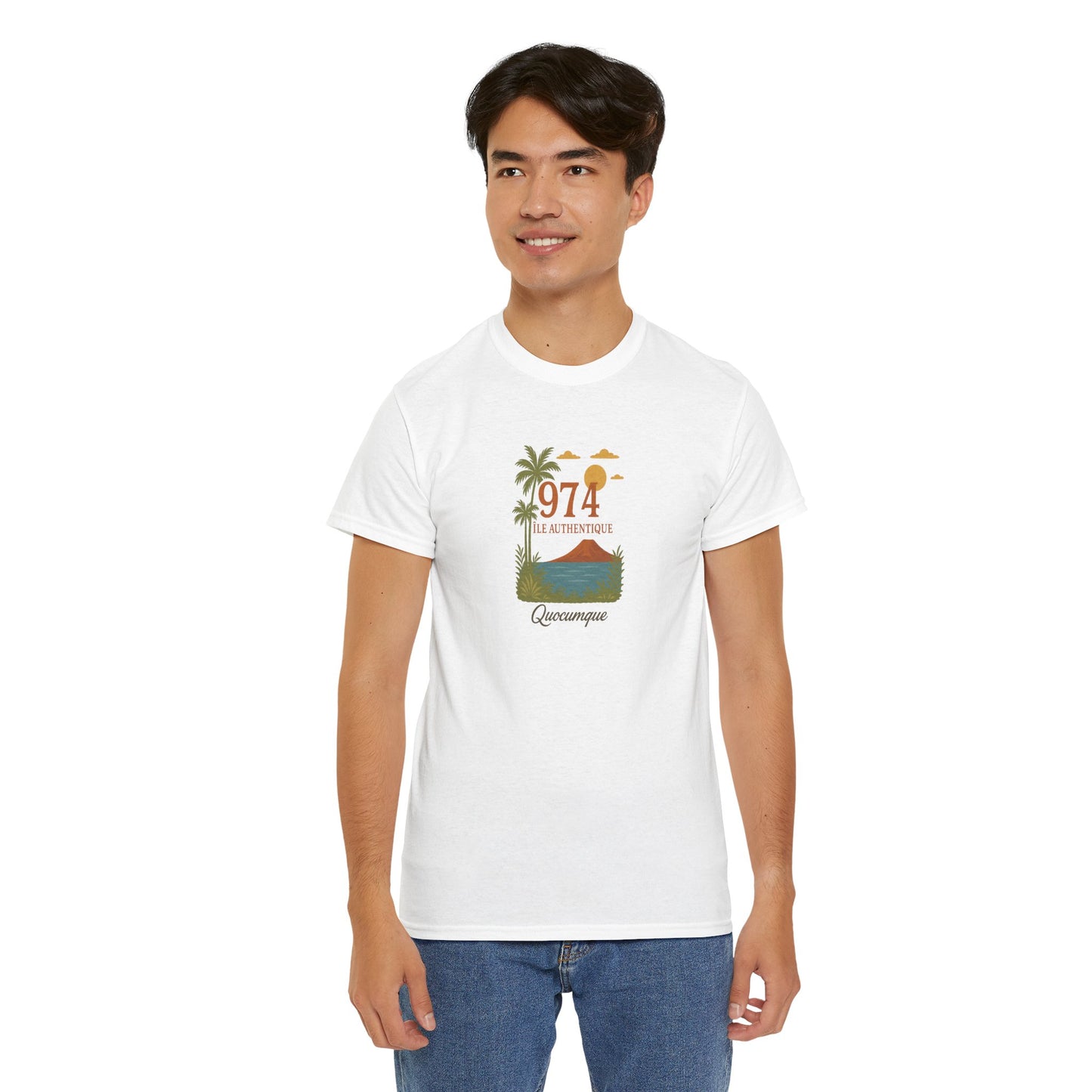 T-shirt "974 Île Authentique", Exotisme, Destination Île de La Réunion, Confort Coton, Sobre, Elégant, Souvenir Unique, Cadeau, Unisexe, Esprit Voyageur
