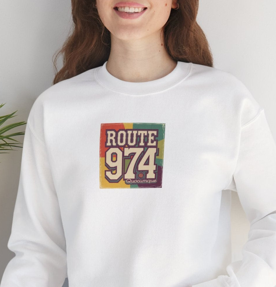 Sweat-Shirt Quocumque "Route 974", Période Hippies, Destination l'Île De La Réunion, Adulte, Homme, Femme, Sportive, Sportif, Décontracté, Élégant, Classique,