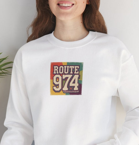 Sweat-Shirt Quocumque "Route 974", Période Hippies, Destination l'Île De La Réunion, Adulte, Homme, Femme, Sportive, Sportif, Décontracté, Élégant, Classique,