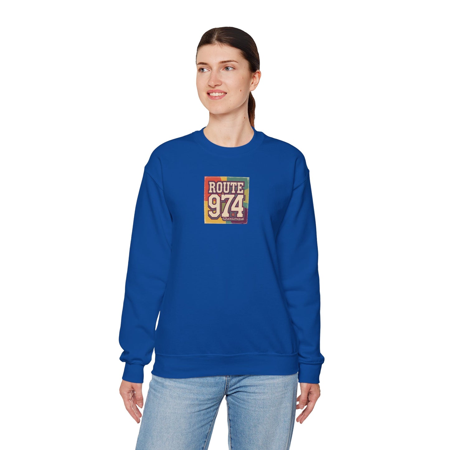 Sweat-Shirt Quocumque "Route 974", Période Hippies, Destination l'Île De La Réunion, Adulte, Homme, Femme, Sportive, Sportif, Décontracté, Élégant, Classique,