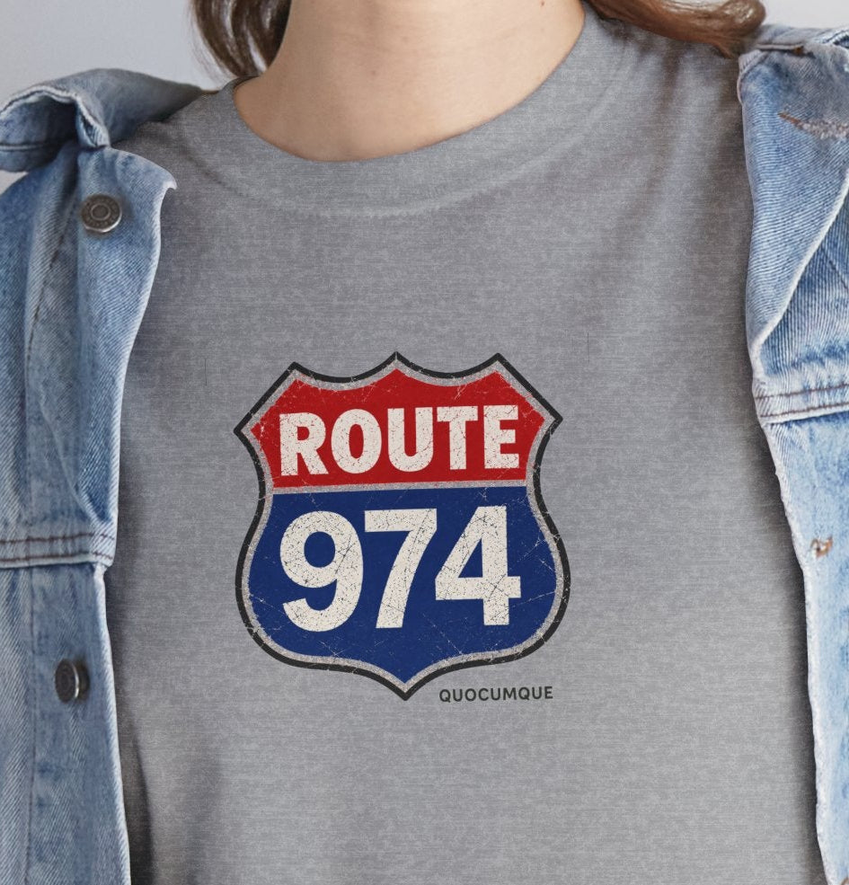 T-shirt "Route 974", Exotisme, Destination Île de La Réunion, Confort Coton, Sobre, Elégant, Souvenir Unique, Cadeau, Unisexe, Esprit Voyageur