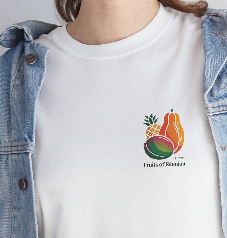 T-shirt "Fruits of Réunion", Île de La Réunion, Confort Coton, Sobre, Elégant, Souvenir Unique, Cadeau, Unisexe, Esprit Voyageur