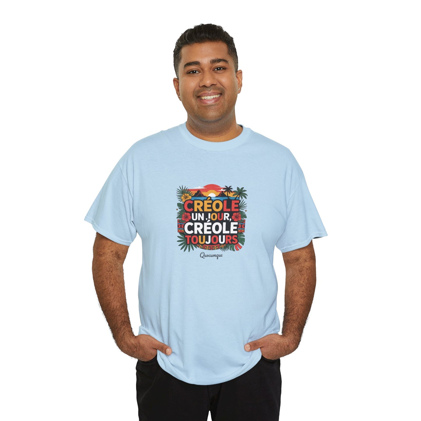 T-shirt Quocumque "Créole" Île de La Réunion", Confort Coton, Sobre, Elégant, Souvenir Unique, Cadeau, Unisexe, Esprit Voyageur