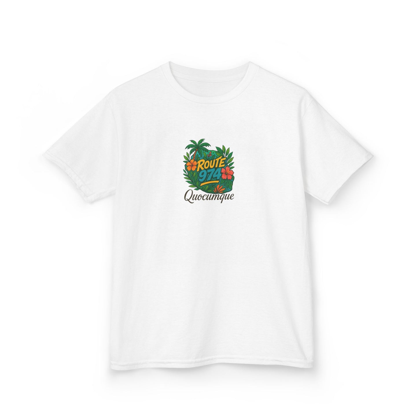 T-shirt "Route 974 Flore", Île de La Réunion, Douceur Coton,Pour les enfants de 5-6 ans( Taille XS), Pour les 7-8 ans( taille S), Pour les 9-10 ans( taille M), Pour les 11-12 ans( taille L), Pour les 13-14 ans( taille XLS)
