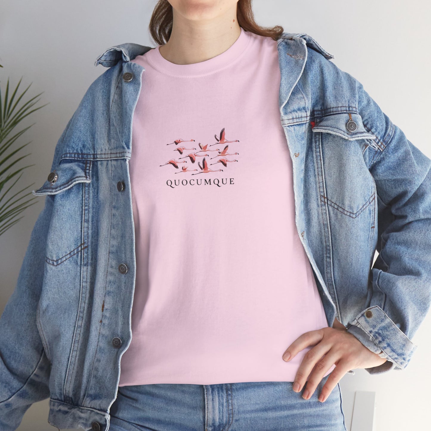 T-shirt Quocumque "Flamand Rose", Adulte, Confort Coton, Sobre, Elégant, Souvenir Unique, Cadeau, Unisexe, Classique, Rose éclatant, Femme