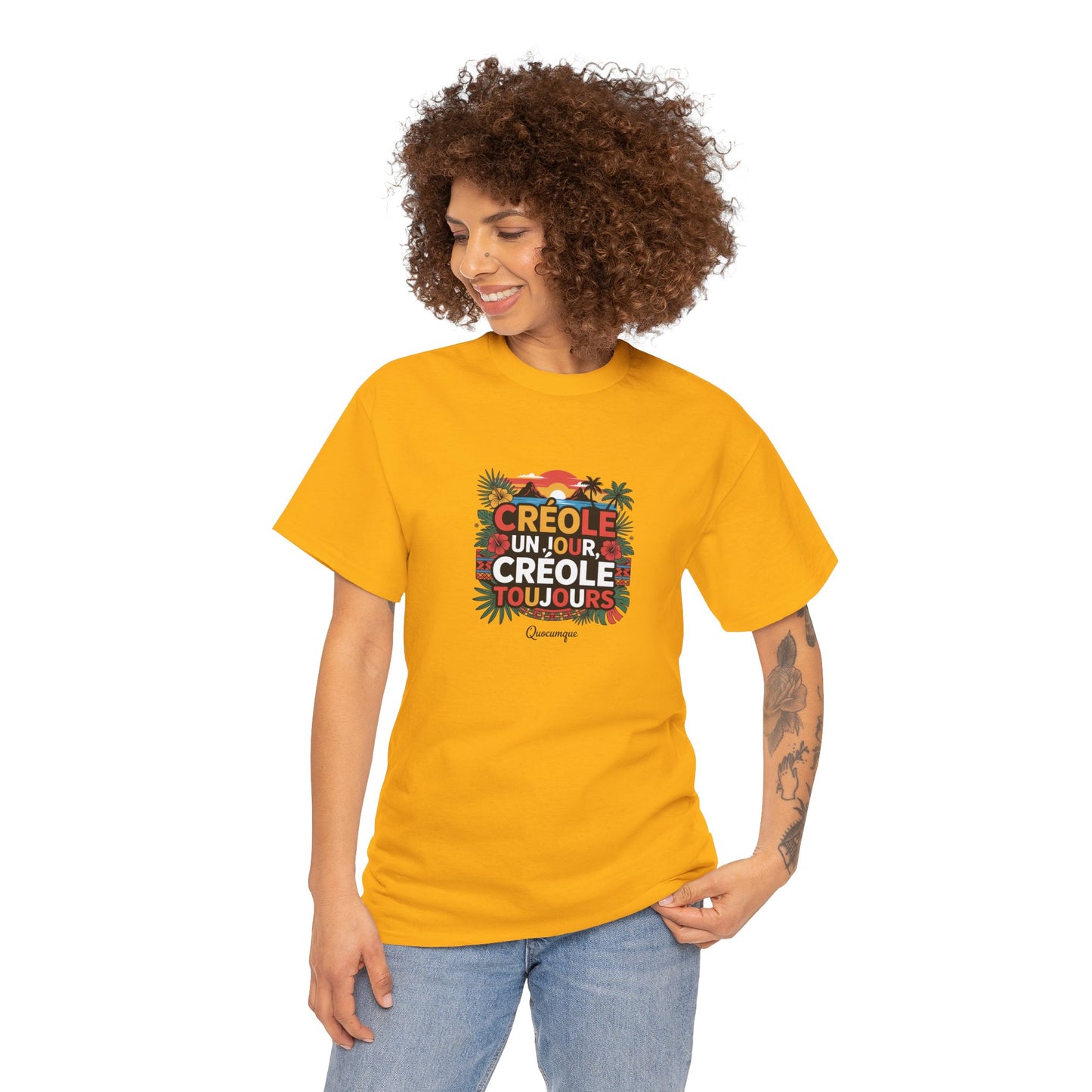 T-shirt Quocumque "Créole" Île de La Réunion", Confort Coton, Sobre, Elégant, Souvenir Unique, Cadeau, Unisexe, Esprit Voyageur