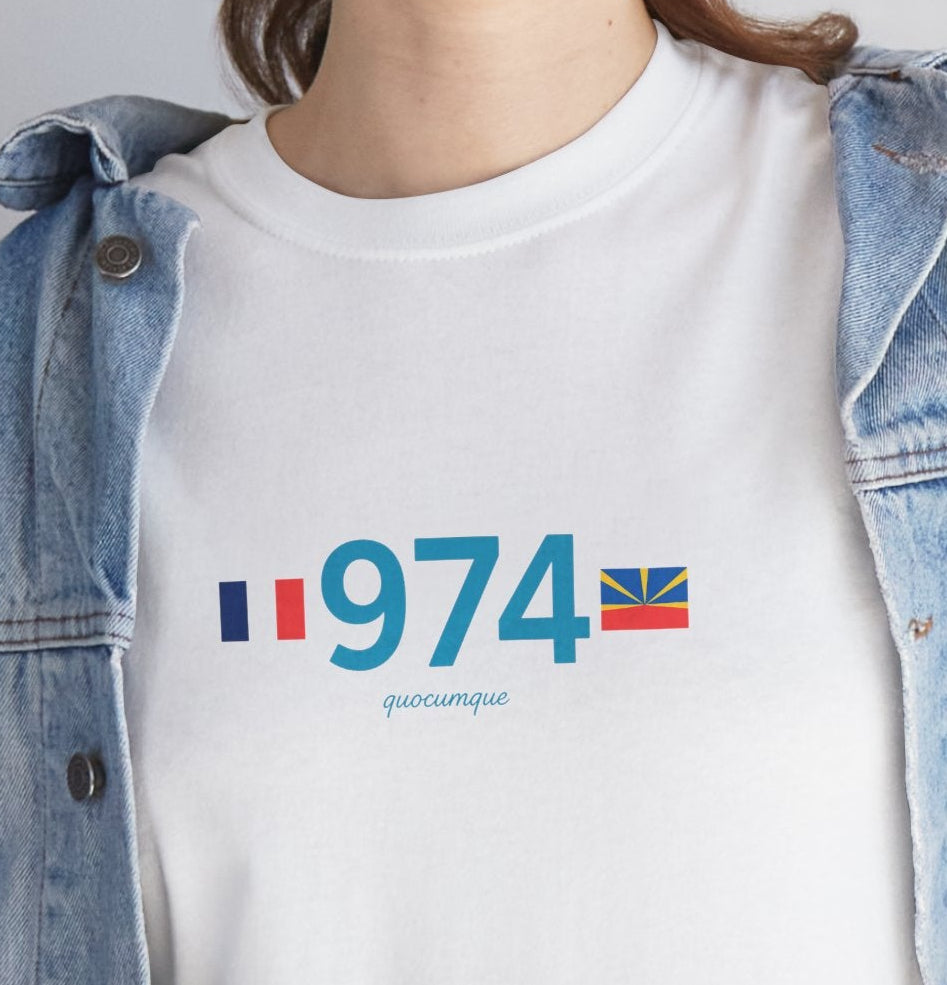 T-shirt "974 Drapeaux", Île de La Réunion, Confort Coton, Sobre, Elégant, Souvenir Unique, Cadeau, Unisexe, Esprit Voyageur
