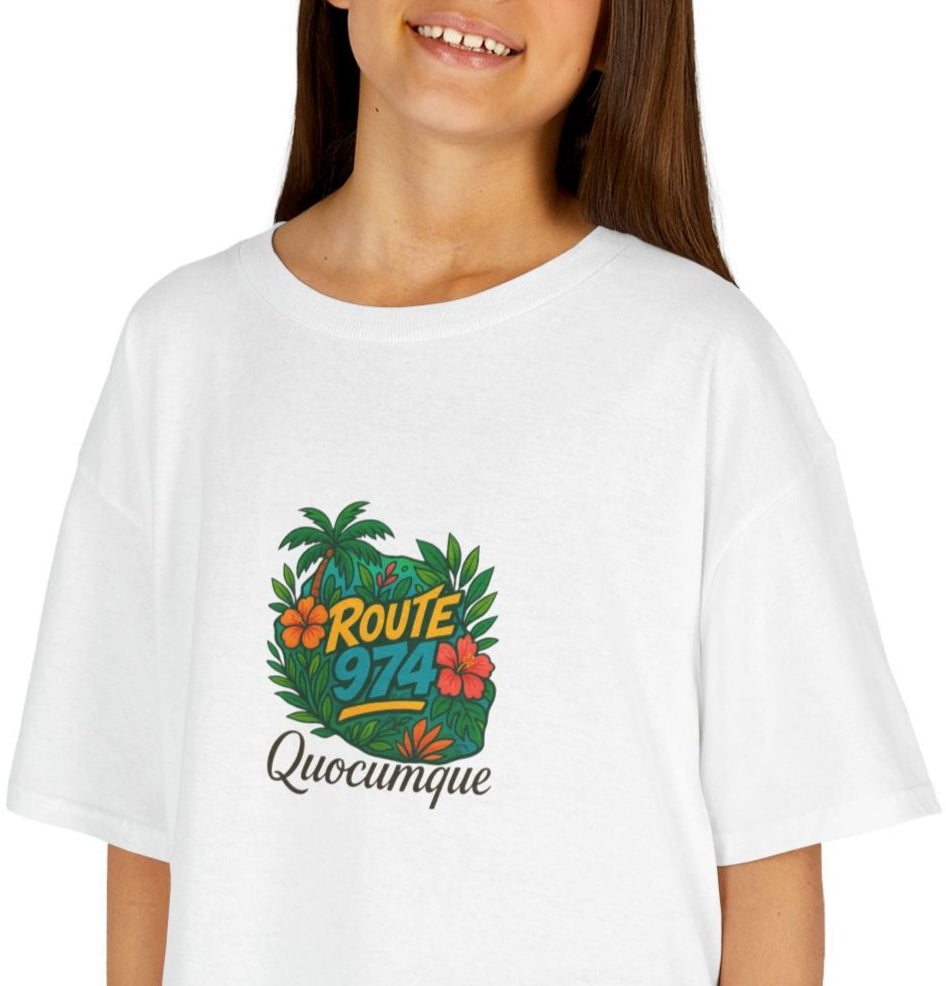 T-shirt "Route 974 Flore", Île de La Réunion, Douceur Coton,Pour les enfants de 5-6 ans( Taille XS), Pour les 7-8 ans( taille S), Pour les 9-10 ans( taille M), Pour les 11-12 ans( taille L), Pour les 13-14 ans( taille XLS)