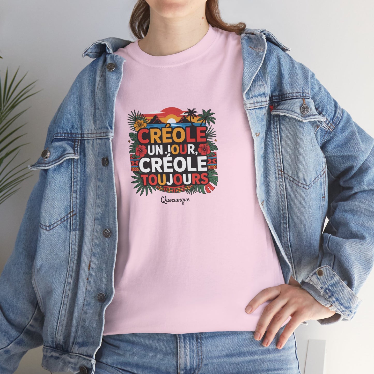 T-shirt Quocumque "Créole" Île de La Réunion", Confort Coton, Sobre, Elégant, Souvenir Unique, Cadeau, Unisexe, Esprit Voyageur