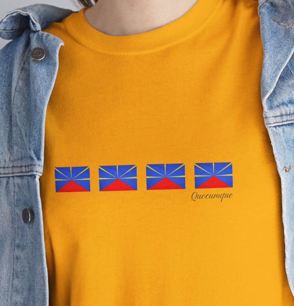 T-shirt "Drapeaux Île de La Réunion", Confort Coton, Sobre, Elégant, Souvenir Unique, Cadeau, Unisexe, Esprit Voyageur