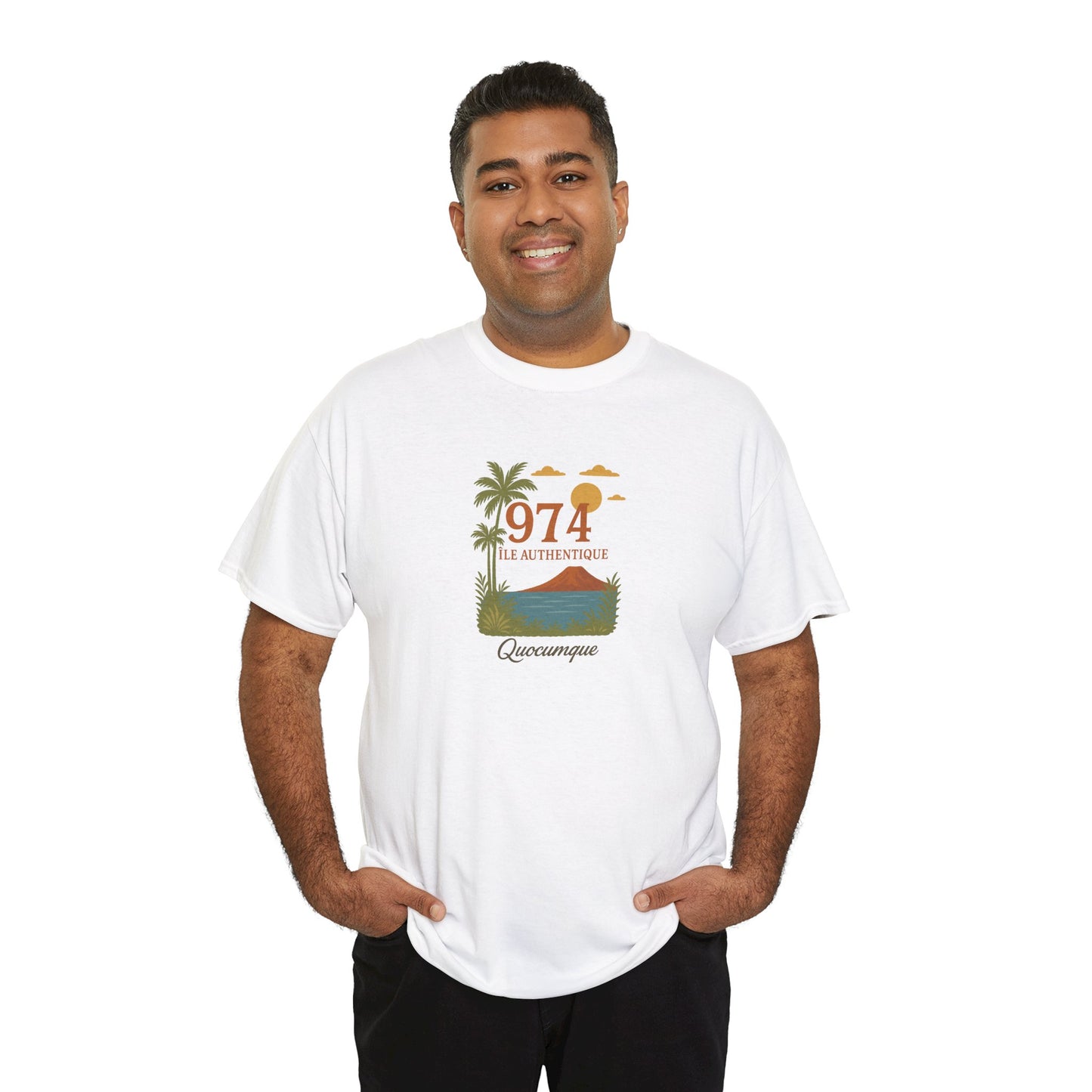 T-shirt "974 Île Authentique", Exotisme, Destination Île de La Réunion, Confort Coton, Sobre, Elégant, Souvenir Unique, Cadeau, Unisexe, Esprit Voyageur