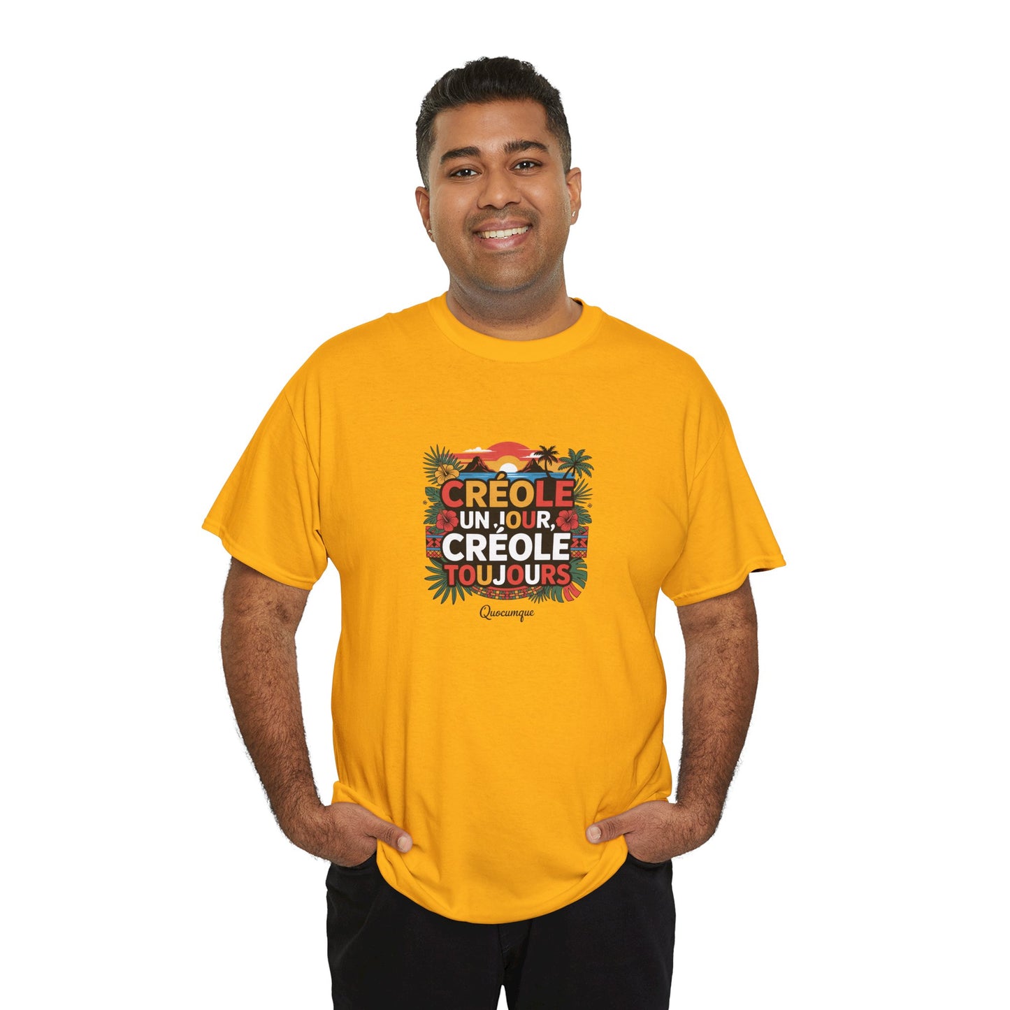 T-shirt Quocumque "Créole" Île de La Réunion", Confort Coton, Sobre, Elégant, Souvenir Unique, Cadeau, Unisexe, Esprit Voyageur
