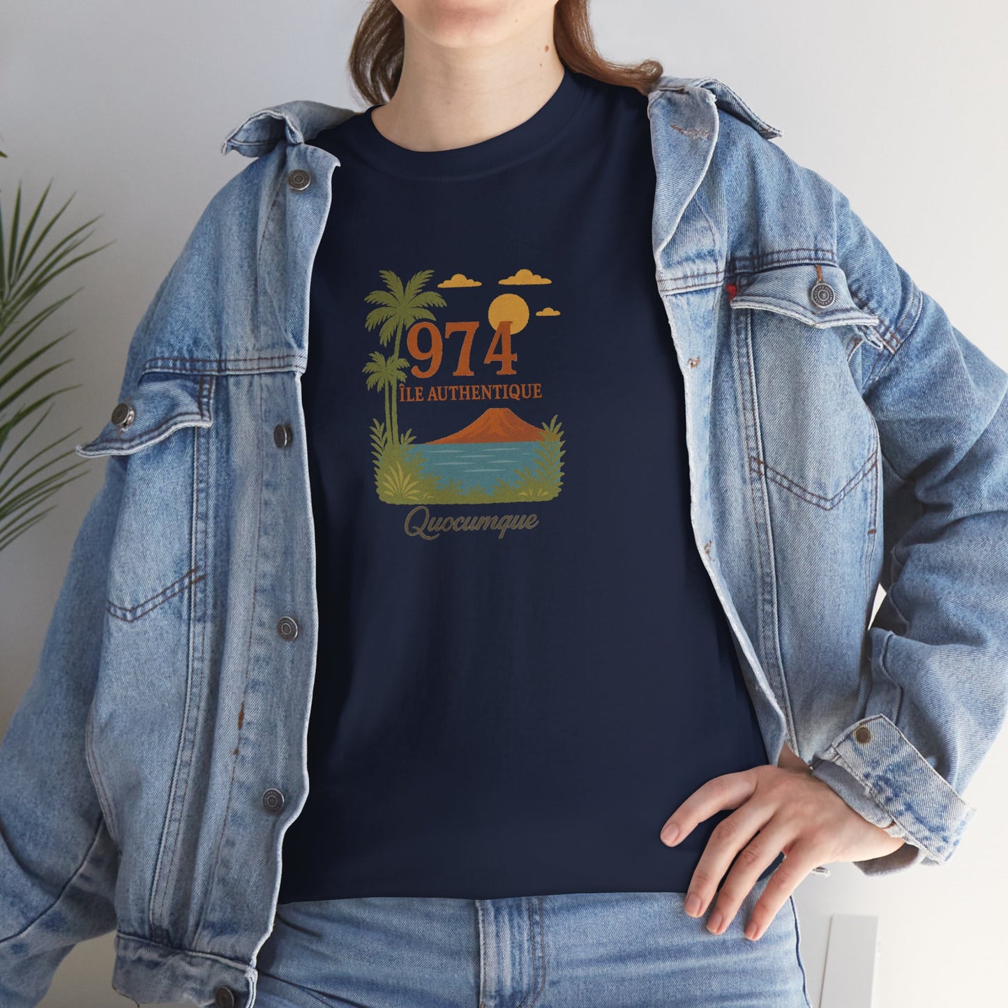 T-shirt "974 Île Authentique", Exotisme, Destination Île de La Réunion, Confort Coton, Sobre, Elégant, Souvenir Unique, Cadeau, Unisexe, Esprit Voyageur