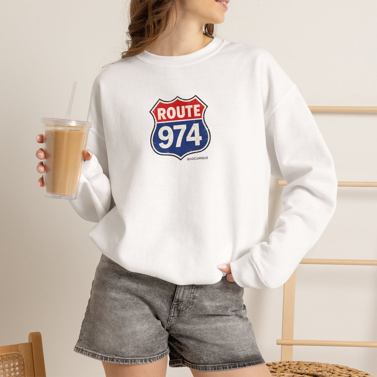 Sweat Quocumque "Route 974", Exotique, Destination Île De La Réunion, Adulte, Homme, Femme, Sportive, Sportif, Décontracté, Drapeau Régional