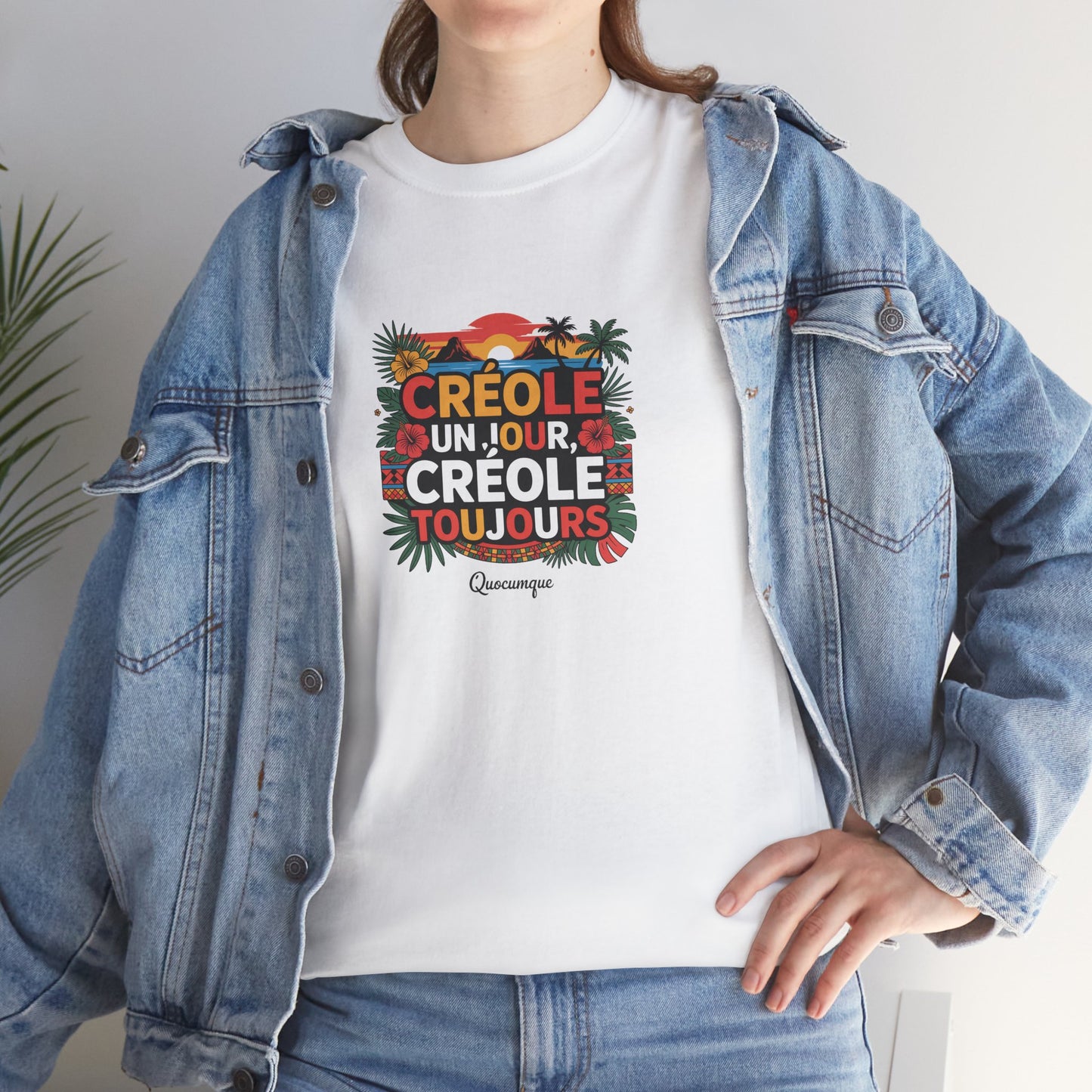T-shirt Quocumque "Créole" Île de La Réunion", Confort Coton, Sobre, Elégant, Souvenir Unique, Cadeau, Unisexe, Esprit Voyageur
