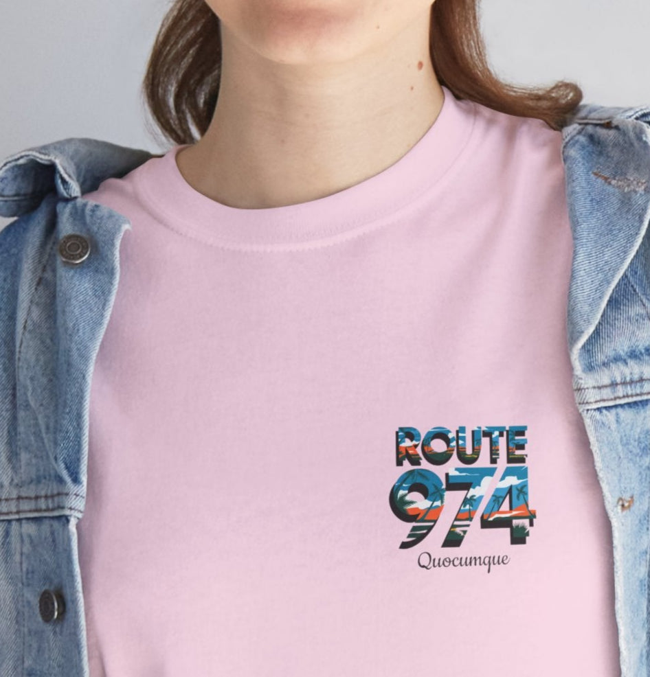 T-shirt "Route 974", Exotisme, Destination Île de La Réunion, Confort Coton, Sobre, Elégant, Souvenir Unique, Cadeau, Unisexe, Esprit Voyageur