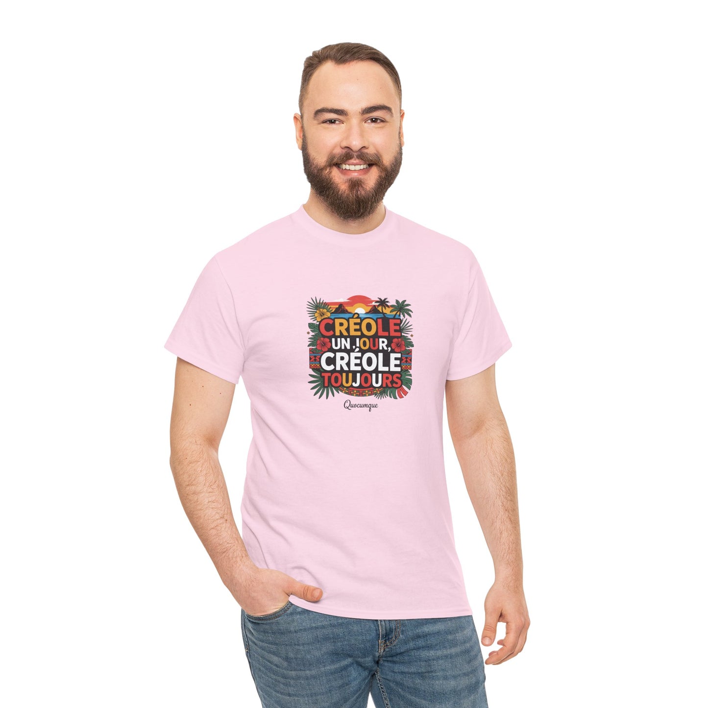 T-shirt Quocumque "Créole" Île de La Réunion", Confort Coton, Sobre, Elégant, Souvenir Unique, Cadeau, Unisexe, Esprit Voyageur