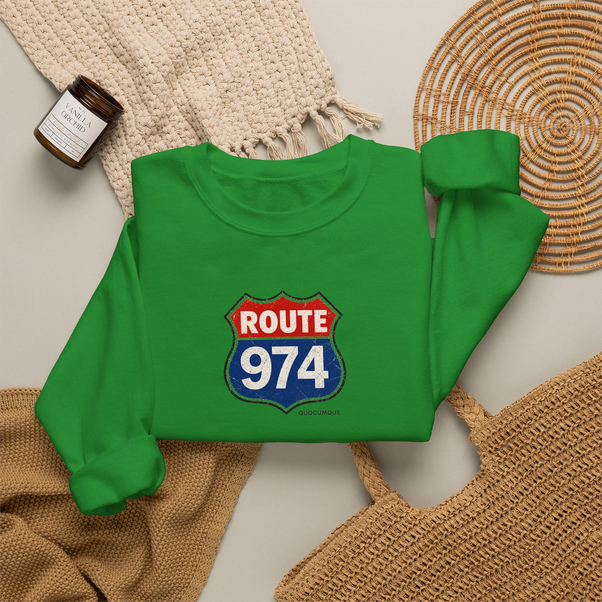Sweat Quocumque "Route 974", Exotique, Destination Île De La Réunion, Adulte, Homme, Femme, Sportive, Sportif, Décontracté, Drapeau Régional