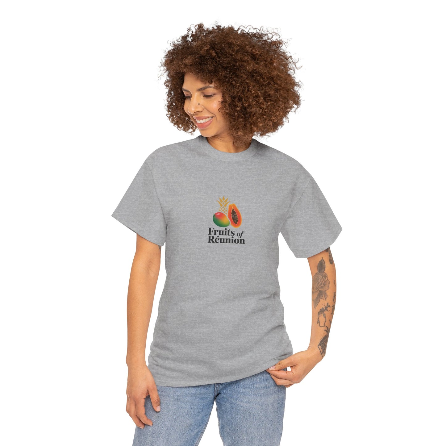 T-shirt "Fruits of Réunion", Île de La Réunion, Confort Coton, Sobre, Elégant, Souvenir Unique, Cadeau, Unisexe, Esprit Voyageur
