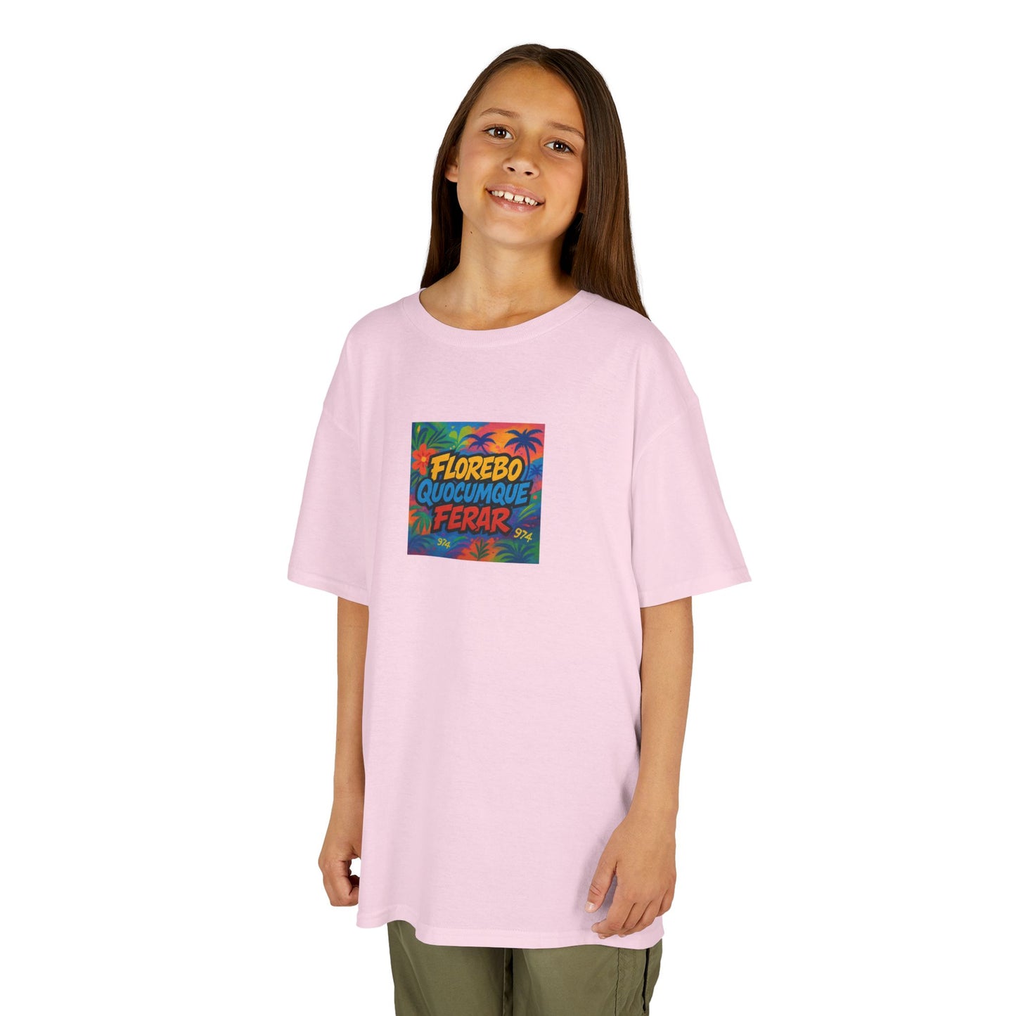 T-shirt "Florebo Quocumque Ferar", Île de La Réunion, Douceur Coton,  Pour les enfants de 5-6 ans( Taille XS), Pour les 7-8 ans( taille S), Pour les 9-10 ans( taille M), Pour les 11-12 ans( taille L), Pour les 13-14 ans( taille XLS)