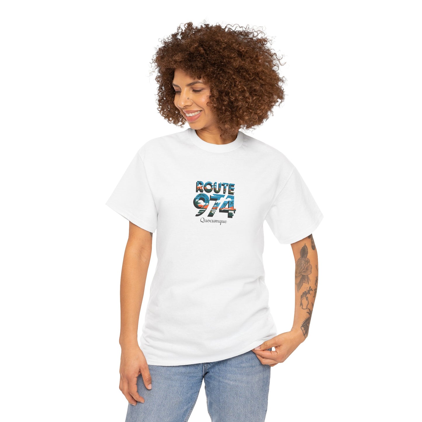 T-shirt "Route 974", Exotisme, Destination Île de La Réunion, Confort Coton, Sobre, Elégant, Souvenir Unique, Cadeau, Unisexe, Esprit Voyageur