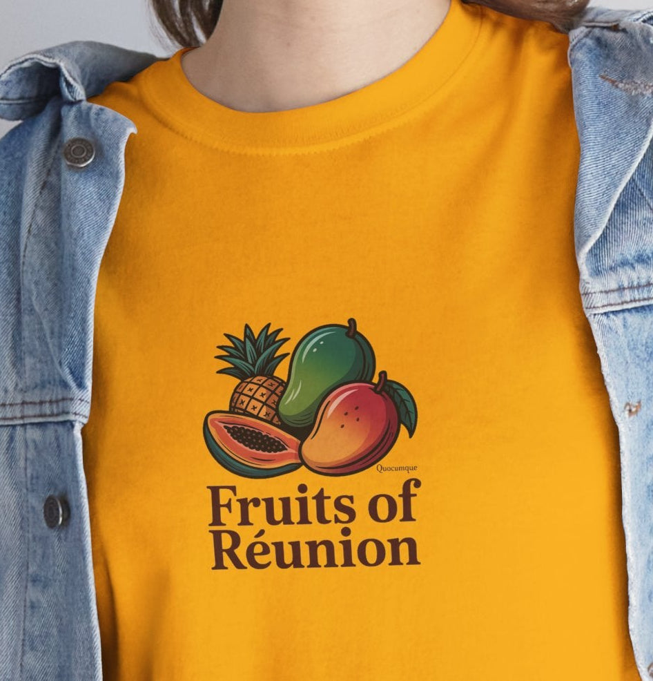 T-shirt "Fruits of Réunion", Île de La Réunion, Confort Coton, Sobre, Elégant, Souvenir Unique, Cadeau, Unisexe, Esprit Voyageur