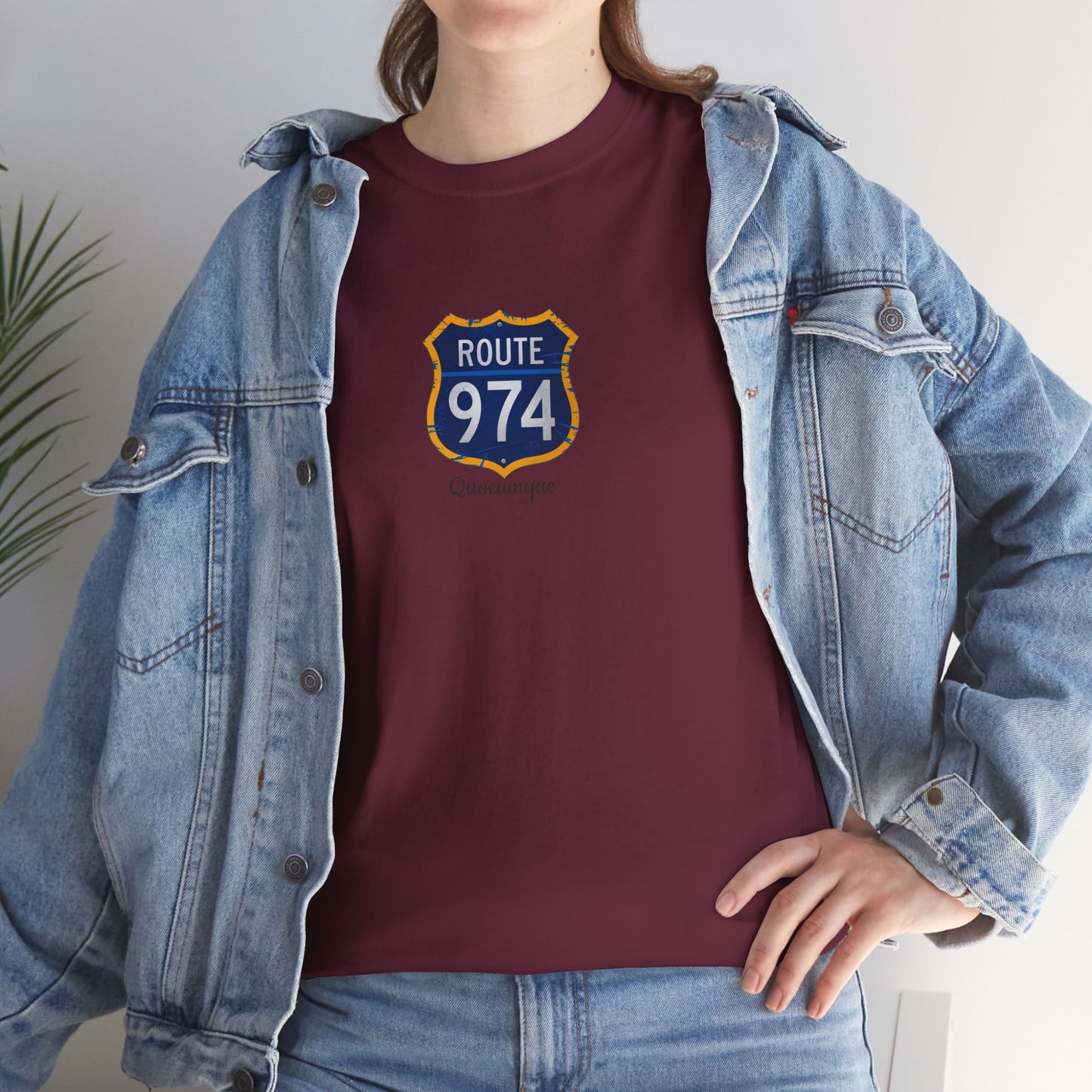 T-shirt "Route 974", Exotisme, Destination Île de La Réunion, Confort Coton, Sobre, Elégant, Souvenir Unique, Cadeau, Unisexe, Esprit Voyageur