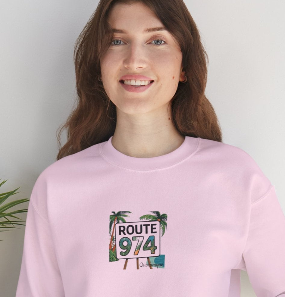 Sweat-Shirt Quocumque "Route 974", Exotique, Destination l'Île De La Réunion, Adulte, Homme, Femme, Sportive, Sportif, Décontracté, Élégant, Classique,