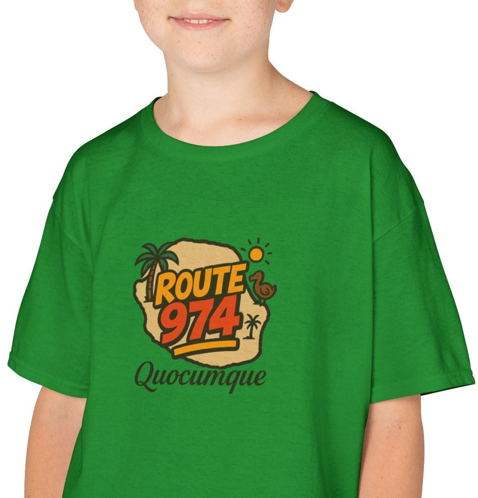 T-shirt "Route 974", Île de La Réunion, Douceur Coton, Pour les enfants de 5-6 ans( Taille XS), Pour les 7-8 ans( taille S), Pour les 9-10 ans( taille M), Pour les 11-12 ans( taille L), Pour les 13-14 ans( taille XLS)
