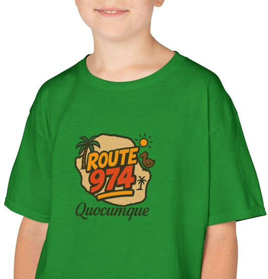 T-shirt "Route 974", Île de La Réunion, Douceur Coton, Pour les enfants de 5-6 ans( Taille XS), Pour les 7-8 ans( taille S), Pour les 9-10 ans( taille M), Pour les 11-12 ans( taille L), Pour les 13-14 ans( taille XLS)