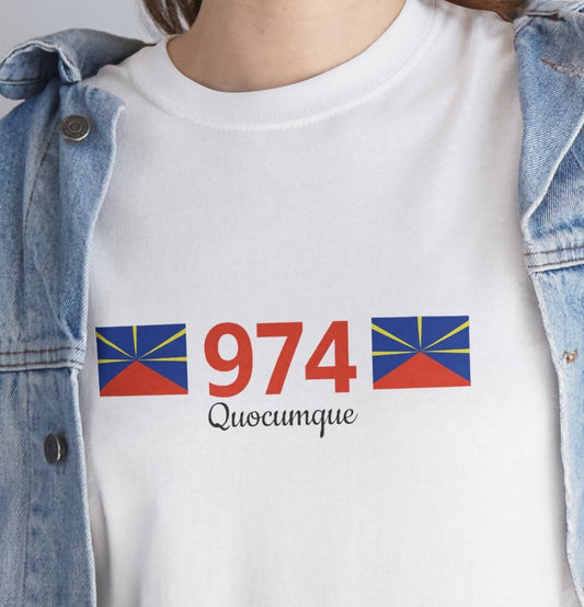 T-shirt "974 Drapeaux", Île de La Réunion, Confort Coton, Sobre, Elégant, Souvenir Unique, Cadeau, Unisexe, Esprit Voyageur