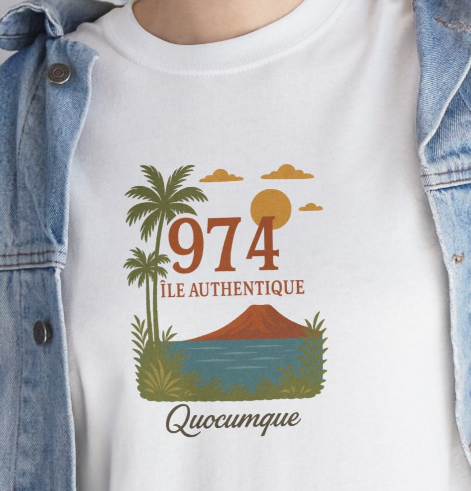 T-shirt "974 Île Authentique", Exotisme, Destination Île de La Réunion, Confort Coton, Sobre, Elégant, Souvenir Unique, Cadeau, Unisexe, Esprit Voyageur