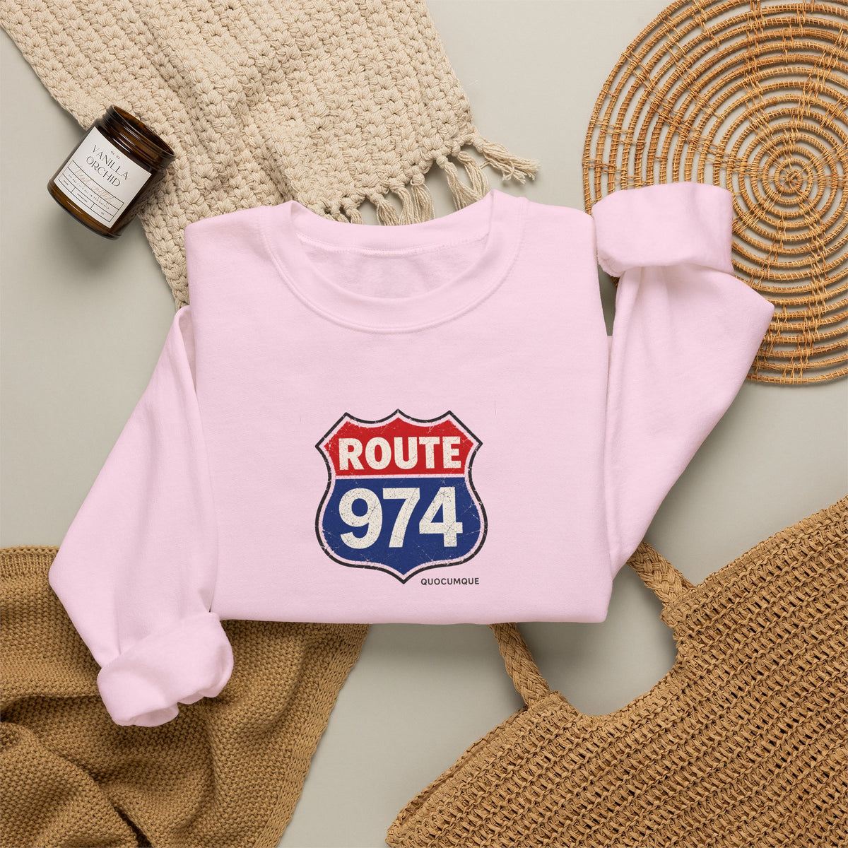 Sweat Quocumque "Route 974", Exotique, Destination Île De La Réunion, Adulte, Homme, Femme, Sportive, Sportif, Décontracté, Drapeau Régional