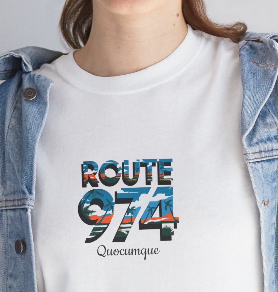 T-shirt "Route 974", Exotisme, Destination Île de La Réunion, Confort Coton, Sobre, Elégant, Souvenir Unique, Cadeau, Unisexe, Esprit Voyageur