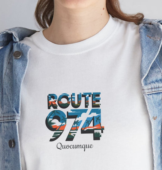 T-shirt "Route 974", Exotisme, Destination Île de La Réunion, Confort Coton, Sobre, Elégant, Souvenir Unique, Cadeau, Unisexe, Esprit Voyageur