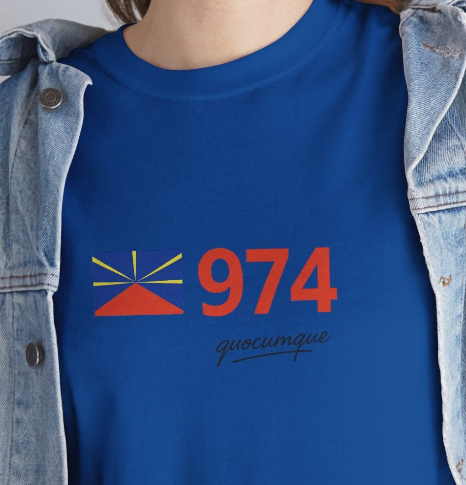 T-shirt "974 Drapeau", Île de La Réunion, Confort Coton, Sobre, Elégant, Souvenir Unique, Cadeau, Unisexe, Esprit Voyageur