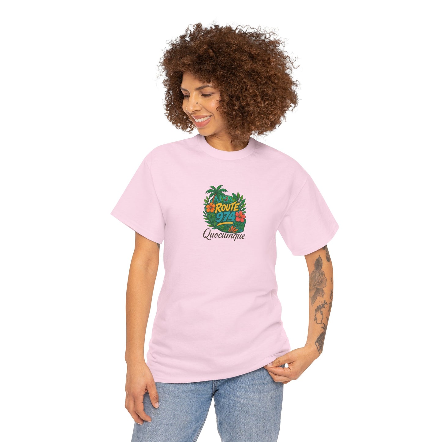 T-shirt "Route 974 Flore", Destination Île de La Réunion, Confort Coton, Sobre, Elégant, Souvenir Unique, Cadeau, Unisexe, Esprit Voyageur
