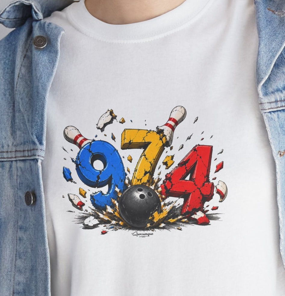 T-shirt " 974 Bowling ", Destination Île de La Réunion, Confort Coton, Sobre, Elégant, Souvenir Unique, Vêtement Adulte, Unisexe, Esprit Voyageur