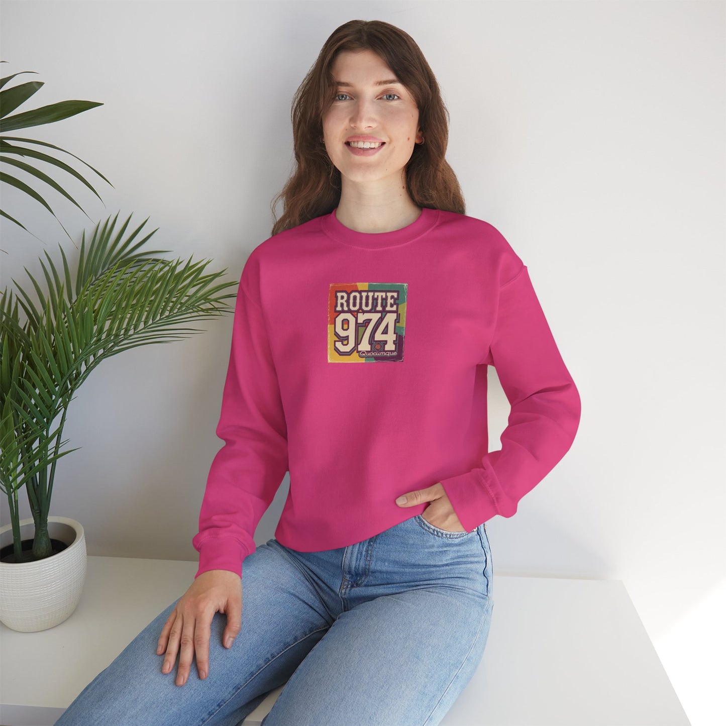 Sweat-Shirt Quocumque "Route 974", Période Hippies, Destination l'Île De La Réunion, Adulte, Homme, Femme, Sportive, Sportif, Décontracté, Élégant, Classique,