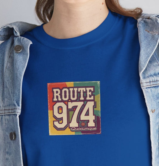 T-shirt "Route 974", Années Hippies, Destination île de La Réunion, Confort Coton, Sobre, Elégant, Souvenir Unique, Cadeau, Unisexe, Esprit Voyageur