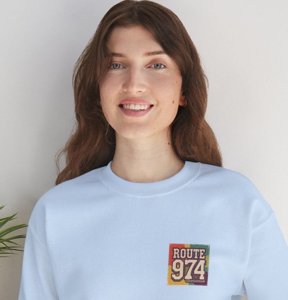 Sweat-Shirt Quocumque "Route 974", Période Hippies, Destination l'Île De La Réunion, Adulte, Homme, Femme, Sportive, Sportif, Décontracté, Élégant, Classique,