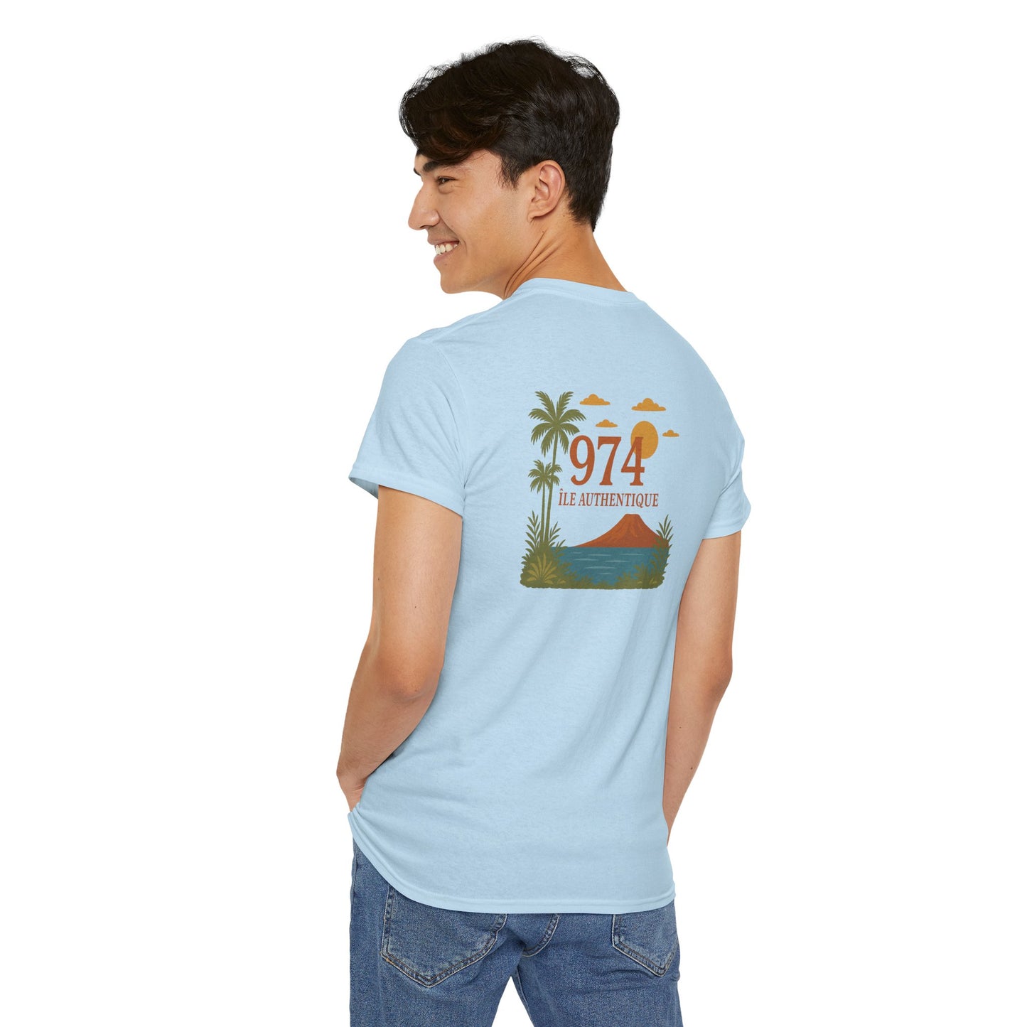 T-shirt "974 Île Authentique", Exotisme, Destination Île de La Réunion, Confort Coton, Sobre, Elégant, Souvenir Unique, Cadeau, Unisexe, Esprit Voyageur