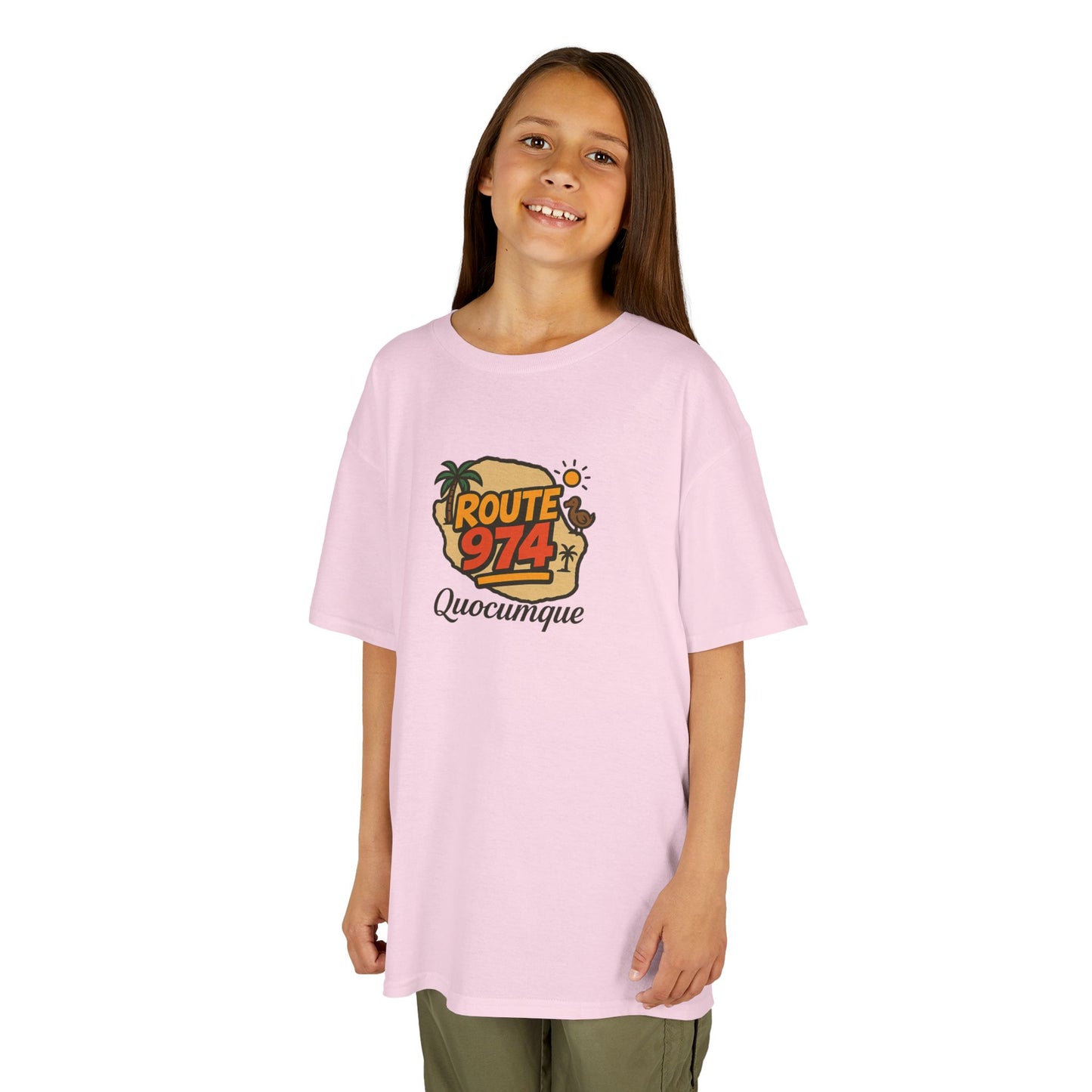 T-shirt "Route 974", Île de La Réunion, Douceur Coton, Pour les enfants de 5-6 ans( Taille XS), Pour les 7-8 ans( taille S), Pour les 9-10 ans( taille M), Pour les 11-12 ans( taille L), Pour les 13-14 ans( taille XLS)